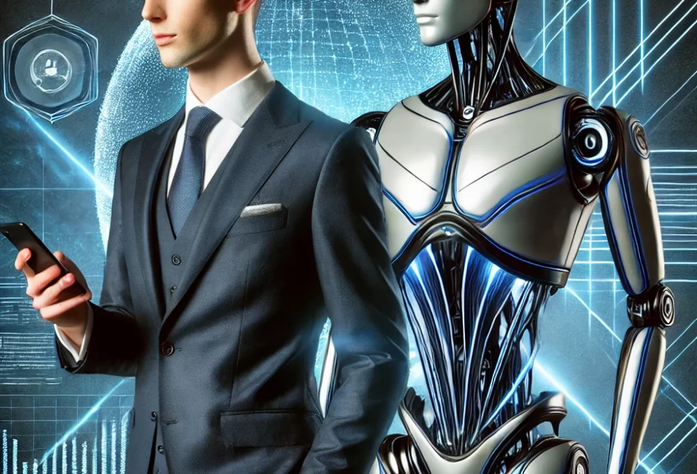 DALL·E 2024-11-15 08.43.57 - A visually striking image of a futuristic humanoid robot standing side by side with a businessman or influencer. The human is dressed in an elegant su