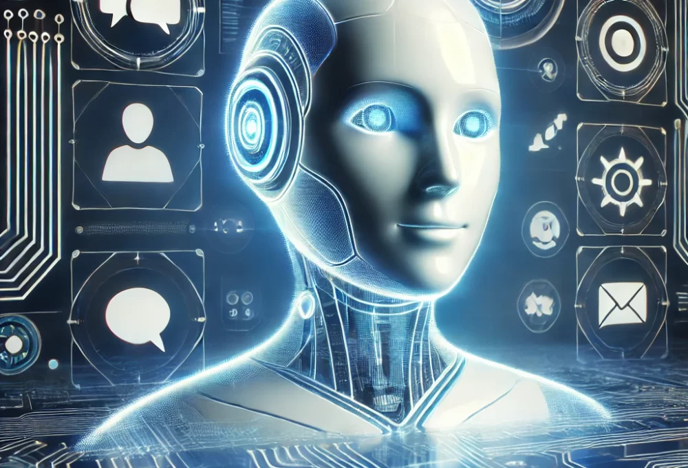 DALL·E 2024-11-15 08.57.13 - A sleek, futuristic representation of a chatbot in a digital environment. The chatbot appears as a glowing holographic figure with a friendly, approac